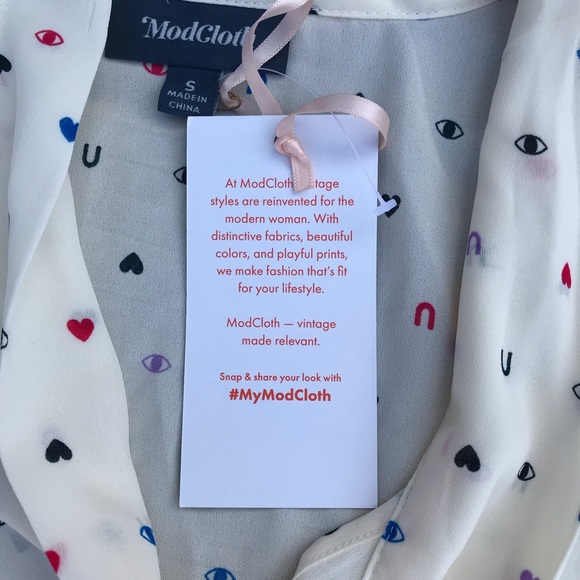 NWT ModCloth Eye Heart U You Pleasant Confidence Tie Neck Blouse Ivory I Love U - Picture 6 of 12